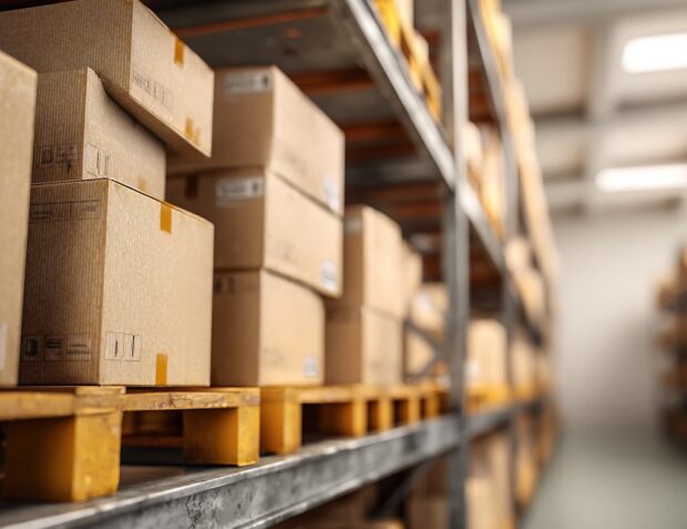 Stacks of cardboard boxes on wooden pallets in a warehouse aisle