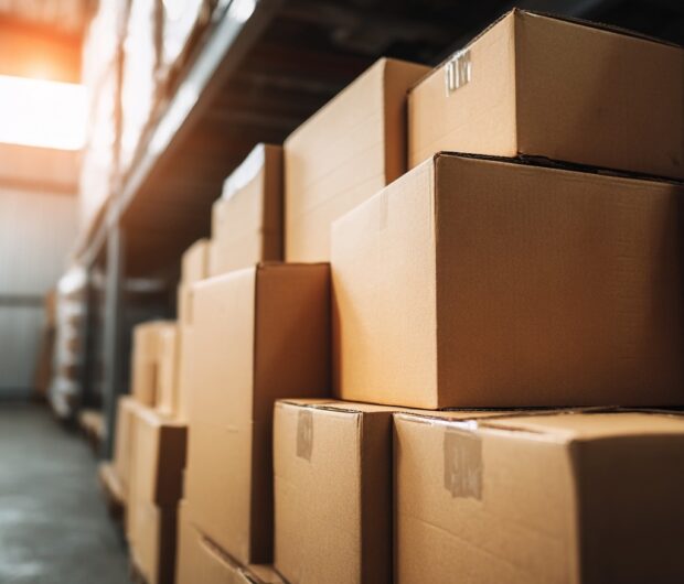 Large cardboard boxes stacked in a distribution center with warm light entering from the side